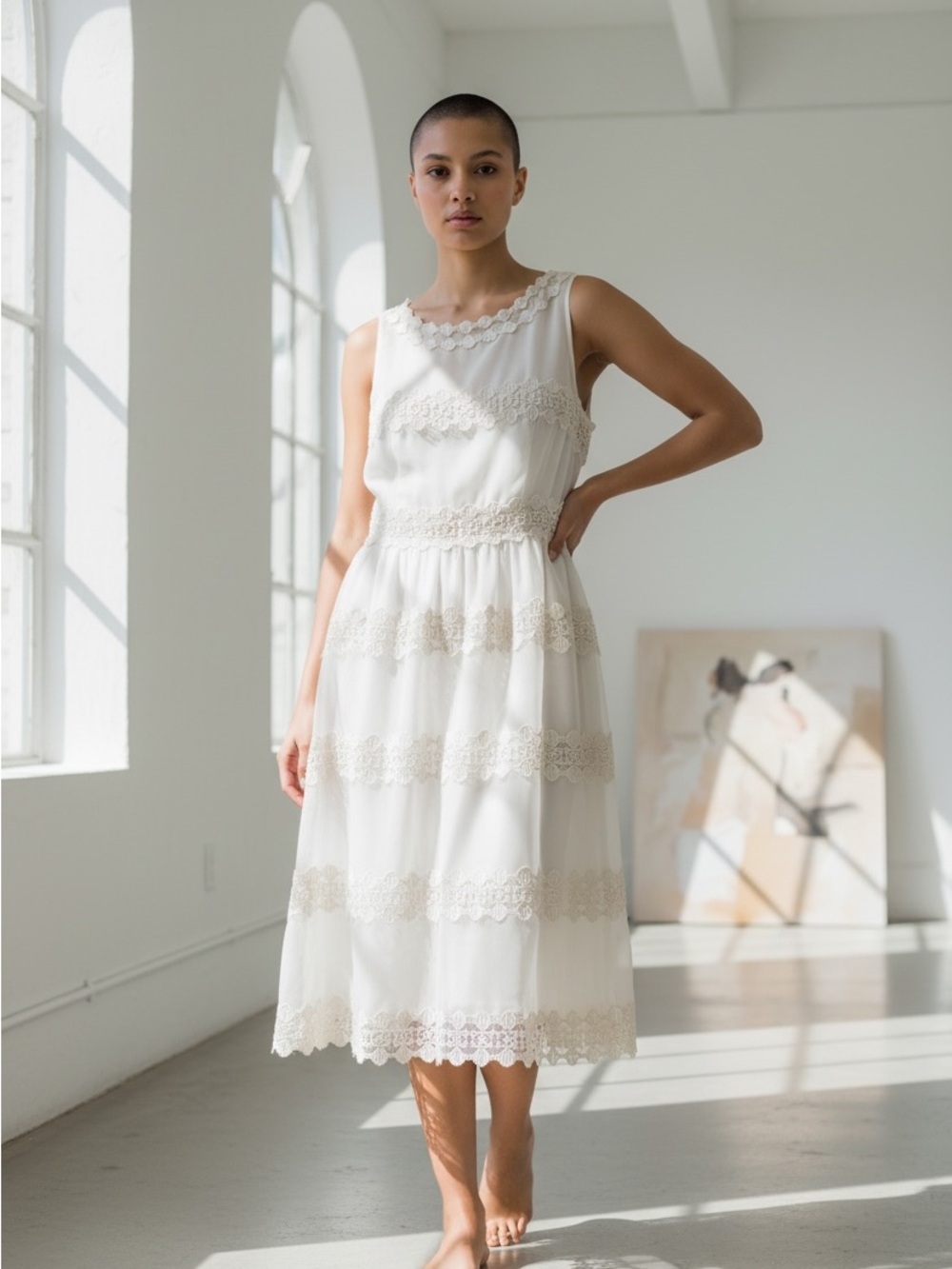 BHLDN Ivory Lace-Trim Sleeveless Midi Dress